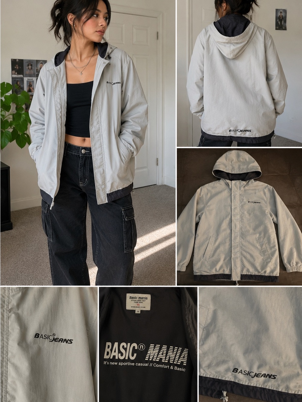 Vintage Basic Jeans Womens Windbreaker Jacket Size 15 Gray Black Hooded